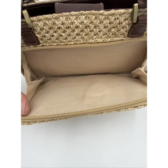 Rosetti straw tote handbag with brown faux leather trim and top handles. - Picture 9 of 16